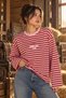 Women's Red Striped Oversize Crew Neck Long Sleeve T-Shirt - 6