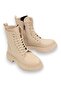 Cream Faux Leather Textured Thick Sole Lace-Up Zipper Detailed Daily Use Boots - 2