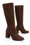Brown Suede Textured Pointed Toe High Heeled Long Boots with Side Zipper Detail