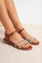 Tan Stone Detailed Ankle Strap Sandals with Comfortable Design, Suitable for Daily Use