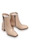 Cream Patent Leather Shiny Textured Square Toe Double Zipper Low Thick Heel Detailed Boots