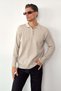 Men's Polo Collar Zipper Detailed Ribbed Knit Sweater Stone - 27007