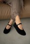 Roan Genuine Leather Adjustable Gold Buckle Detailed Flat Sole Women's Shoes - Black Suede - 5