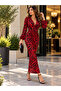Red Passion – Women's Double-Breasted Collar Patterned Long-Sleeved Waist-Tie Long Diver Fabric Dress - 5