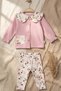 Baby Girl Pink Floral Detailed Baby Collar Buttoned Cardigan and Ribbed Leggings Two-Piece Set - 100% Cotton Yum - 2