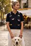 Black Polo Collar Short Sleeve Half Placket Buttoned Dog Appliqué Casual Long Back Knit Sweater 58 60 - 3