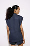 Metal Button Detailed Denim Textured Navy Blue Biker Vest - 8