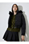 Black Regular Fit Short Padded Jacket with Faux Fur Hood