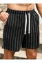 Black Striped Drawstring Waist Shorts - 4