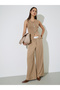 Tan Knitted Vest with Button and Split Hem - 2