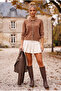 Brown Polo Collar Cuffed Sleeves Tie-Up Front Decorative Buttoned Non-Opening Stitched Knitwear Sweater 60 60 - 6