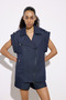 Metal Button Detailed Denim Textured Navy Blue Biker Vest - 5