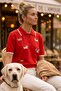 Red Polo Collar Short Sleeve Half Placket Buttoned Dog Appliqué Long Back Knitwear Sweater 58 60