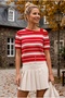 Red Asymmetrical Collar Short Sleeve Striped Hem Buttoned Casual Knitwear Sweater 60 60 - 4