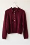 Burgundy Shirt Collar Long Sleeve Half Placket Buttoned Casual Knitwear Sweater 57 60 - 2