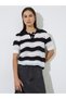 Black Hollow Knit Wavy Stripe Pattern Polo T-Shirt