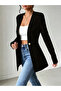 Plus Size Black Longline Blazer with Button Front and Collarless Design - 2