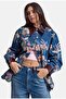 Women's 1W6-4 Oversize Floral Printed Leather Detailed Special Design Denim Jacket Shirt - 6