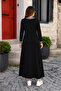 Women's Long Sleeve V-Neck Long Viscose Two-Thread Dress with Pockets - 3