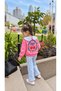 Girl's Front and Back Cherry Print Patterned Collar Detailed Checkered Gabardine Denim Trousers Top and Bottom Set - 3