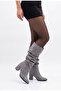 Women's Gusseted Design Thick Heeled Pointed Toe Gray Suede Boots (Order One Size Larger) - 8