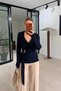 Double-Breasted Navy Blue Knitwear Blouse with Gold Buckle