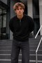 Men's Zippered Polo Collar Black Sweater - 2