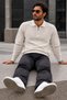 Men's Half-Zip Textured Knitwear Cream Sweater - 6