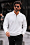 Men's Half-Zip Textured Knitwear White Sweater - 3