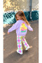 Girl's Lilac Sweatshirt with Front and Back Chick Print, Checkered Woven Gabardine Denim Trousers, Top and Bottom Set