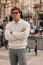 Men's Half Zip Polo Collar Cream Knit Sweater - 5