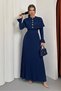 Women's Dress Long Knitwear Stylish Long Sleeve Crew Neck Gold Buttoned Knitted Dress with Detachable Cape