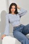Women Sweatshirt Long Sleeve Striped Crew Neck Spanish Batwing Sleeve Drawstring Waist Cropped Blouse - 4