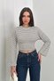 Women Sweatshirt Long Sleeve Striped Crew Neck Spanish Batwing Sleeve Drawstring Waist Cropped Blouse