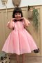 Pink Square Collar Balloon Sleeves Carolin Fabric Bow Detailed Lined Girl's Baby Girl Dress - 3