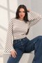 Women Sweatshirt Long Sleeve Striped Crew Neck Spanish Batwing Sleeve Drawstring Waist Cropped Blouse - 3