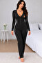 Women's Black Teddy Bear Printed Long Sleeve Buttoned Pajama Jumpsuit - 2