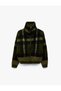 High Collar Long Sleeve Plaid Patterned Zippered Knitwear Cardigan - 6