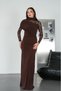 Women's Brown Sandy Fabric Turtleneck Front Draped Detail Sleeves Lace Evening Dress - 3