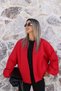 Red Double-Breasted Collar Drawstring Detail Bomber Jacket - 4