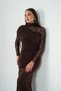 Women's Brown Sandy Fabric Turtleneck Front Draped Detail Sleeves Lace Evening Dress - 2