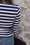 Navy Blue Thick Striped Boat Neck Spanish Sleeve Blouse - 4