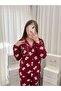 Burgundy Teddy Bear Patterned Collared Buttoned Long Sleeve Berlin Camisole Pajama Set - 2