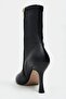 Eby Black Matte Front Accessory Detail Thin Heeled Zippered Pointed Toe Women's Stretch Boots - 6
