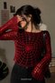Women's Red Knitted Spider Web Patterned Perforated Crop Sweater / Blouse