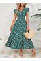 Women Short Sleeve Double Breasted Lapel Elastic Waist Floral Print Dress - 3