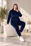 Lcivert Exclusive Battal Large Size Velvet Hooded Zippered Pajama Set