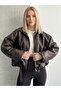 Agli̇mmer Black Women's Bomber Leather Jacket with Wool Inside and Belt Detail - 2