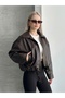 Agli̇mmer Black Women's Bomber Leather Jacket with Wool Inside and Belt Detail - 3