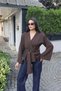 Crepe Fabric Double-Breasted Belted Kimono Blouse — Brown - 5